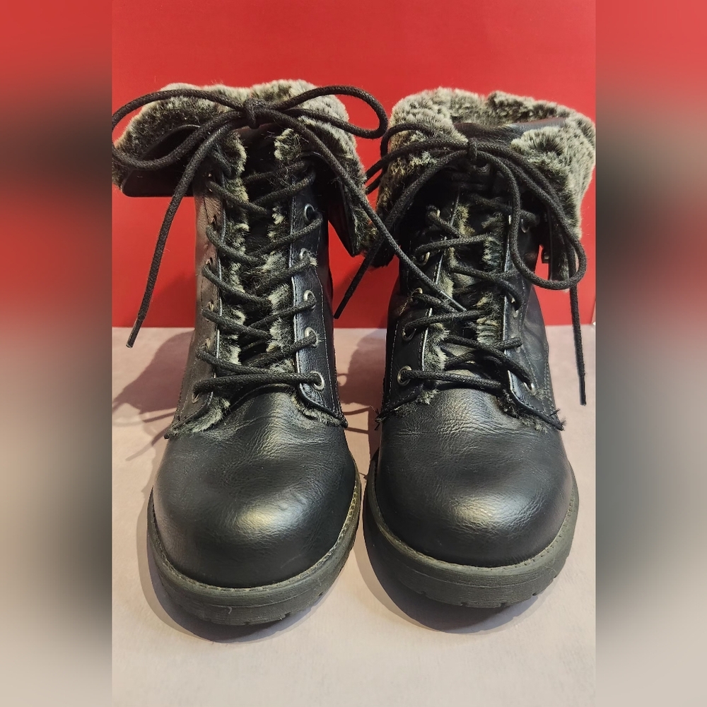 Women's Black Faux Fur-Lined Combat Style Boots, Size 8
